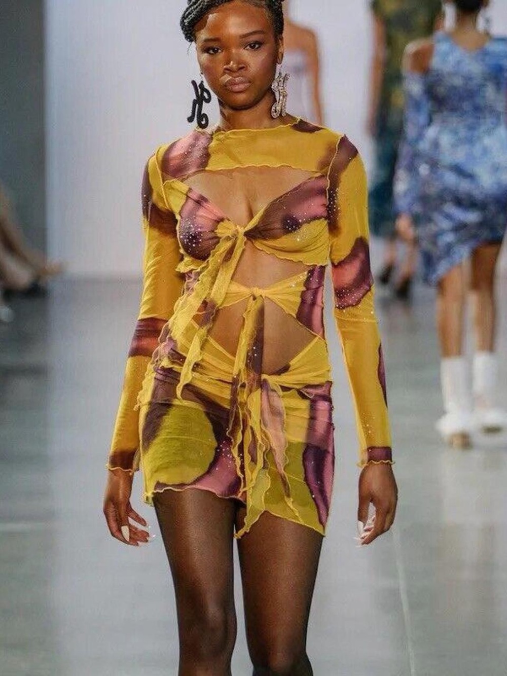Kim Shui Mustard and Plum Sheer Cutout Tie-Front Long Sleeve Mini Dress